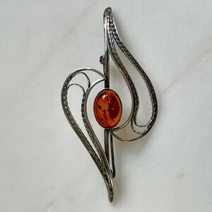 Art Nouveau revival Silver Brooch with Amber Cabochon - Elegant Orange Accent